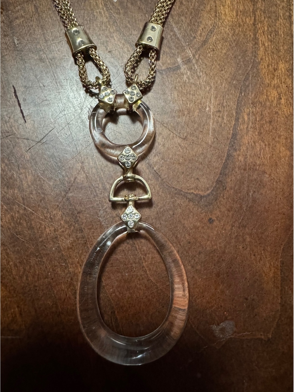 GRACE KELLY GPK Necklace Gold Tone Crystal Lucite Pendant Y Drop Long